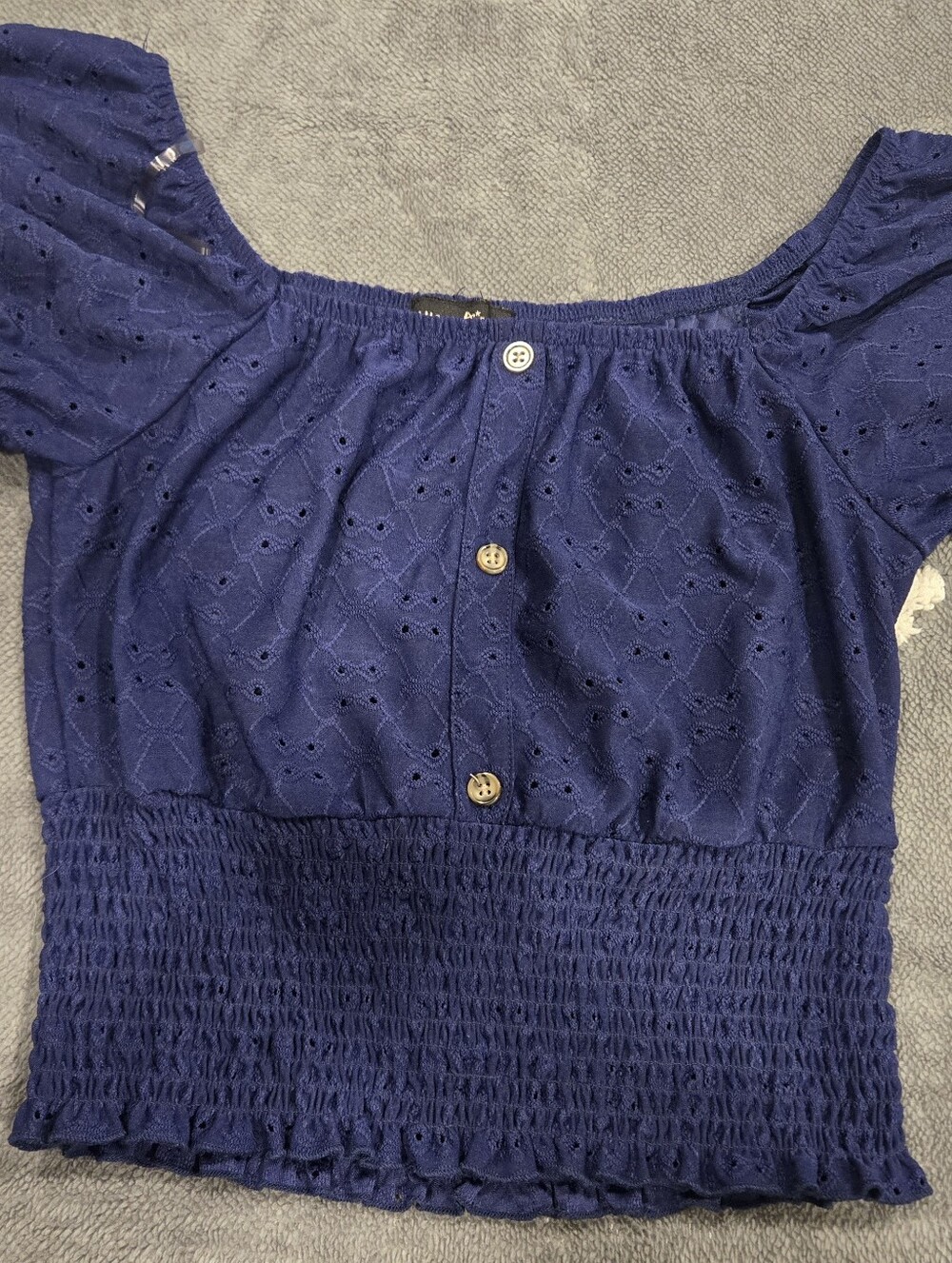 Almost Famous Navy Eyelet Smocked Off-Shoulder Top Size Small